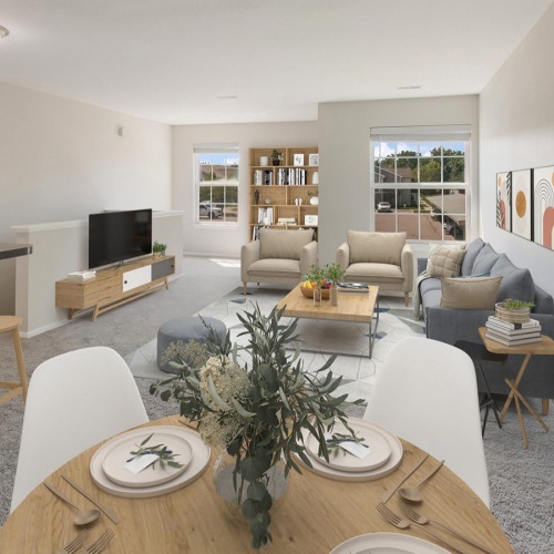 open concept apartment interior with ample lighting throughout